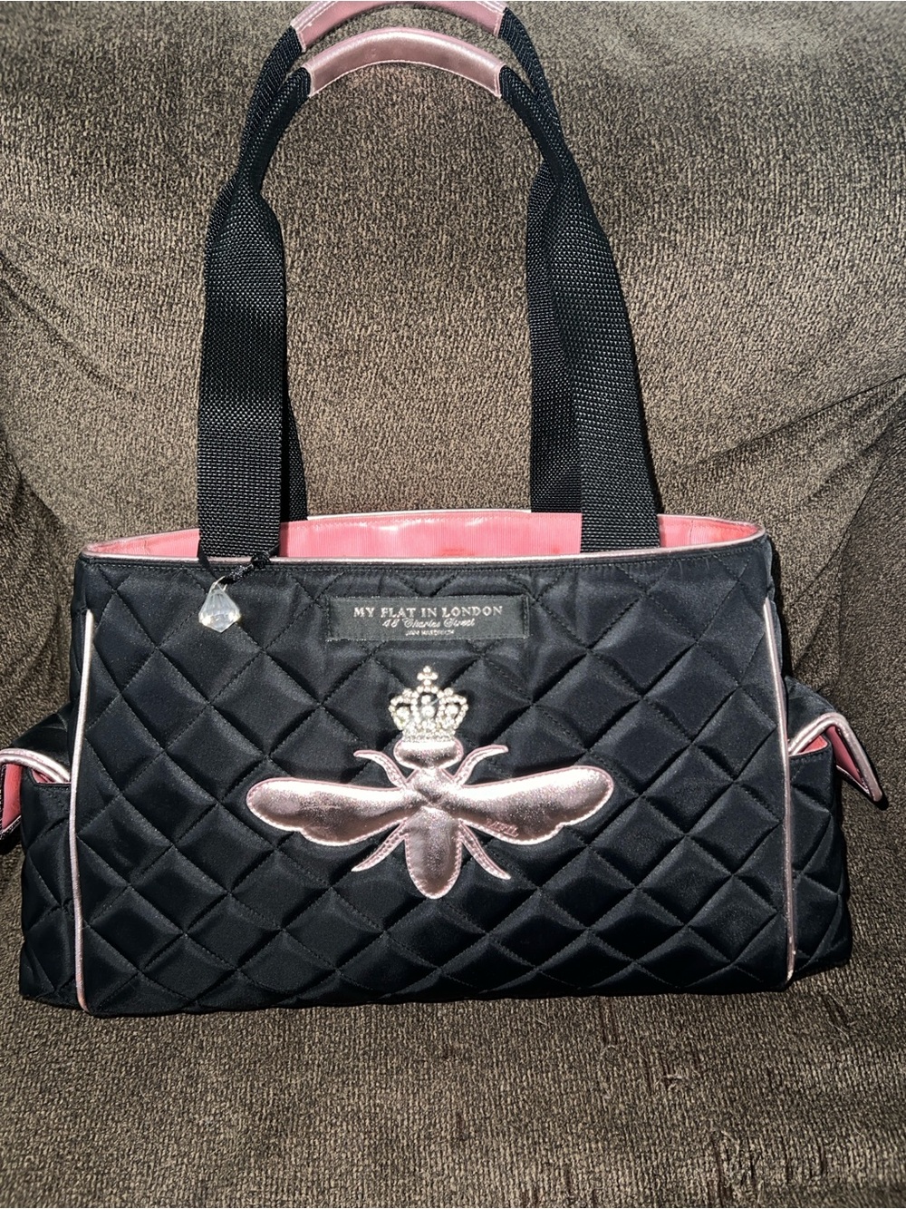 My Flat in London Black Quilted Tote with Pink Trim and Metallic Bee